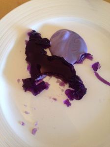 Andrew's Jello masterpiece, accompanied by whipped topping he tried to make purple (and succeeded, though at the cost of the Cool Whip's structural integrity). 